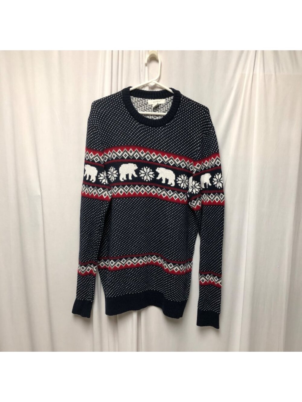Aspen Mens Sweater Size Medium Polar Bear Winter Cotton Navy Red Long Sleeve